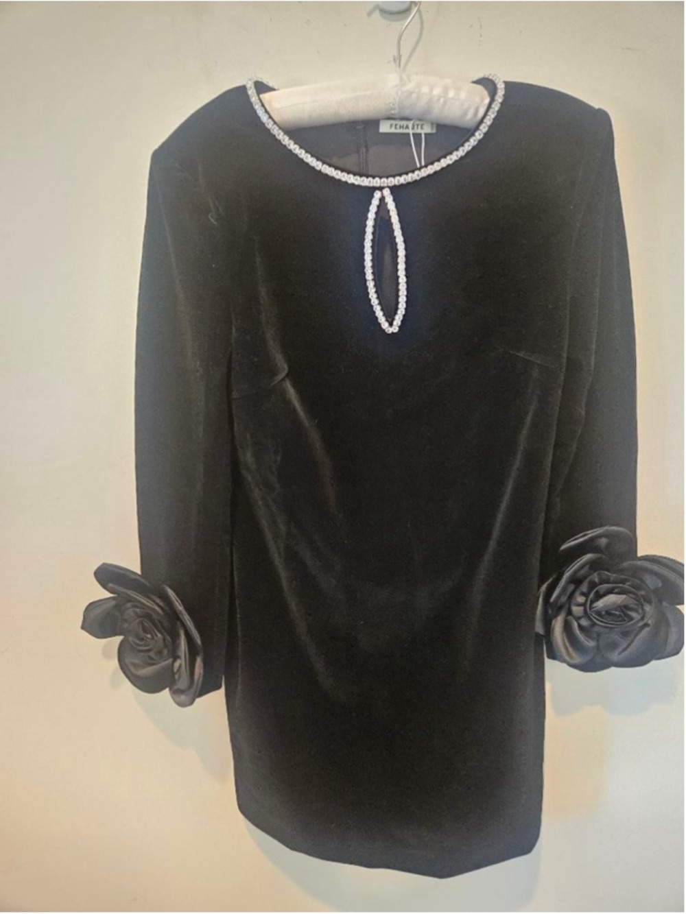 Women's FEHAUTE NWT Black Velvet Mini Dress Rhinestone & 3D Floral Cuffs, Size 4 - Picture 2 of 15